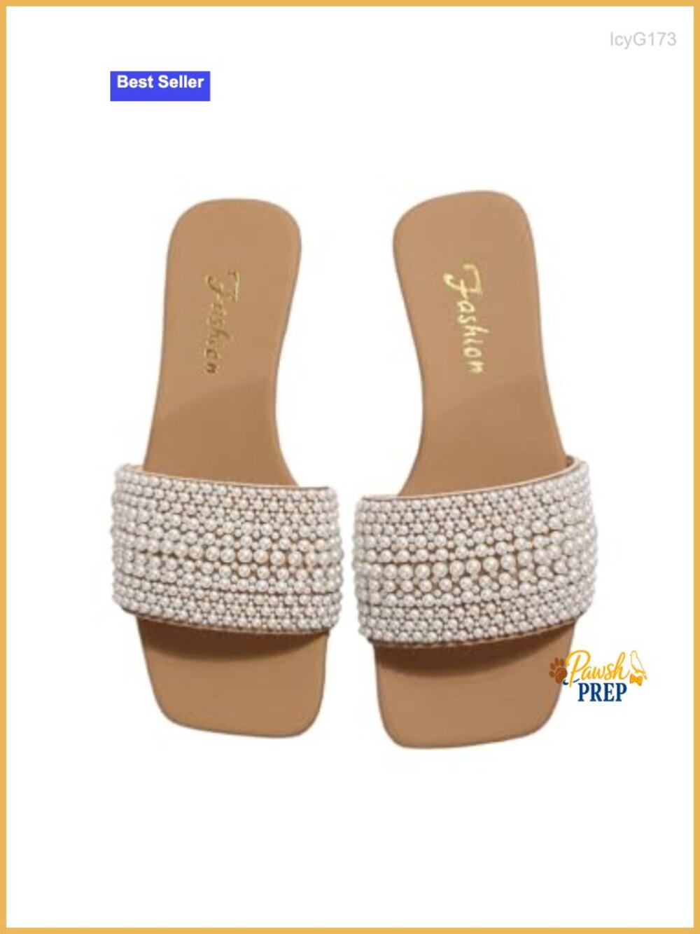 Pearl Decor Square Toe Leather Slip On Sandals Flat Slides